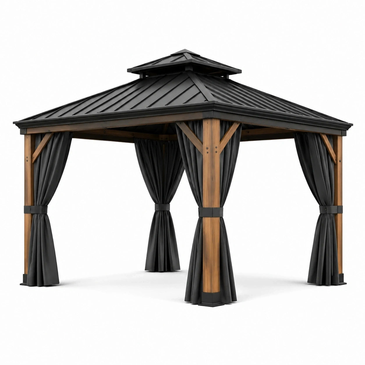 Tonnelle de jardin en bois marron et métal noir 300 x 300 x 280 cm avec toit rigide à double niveau et rideaux