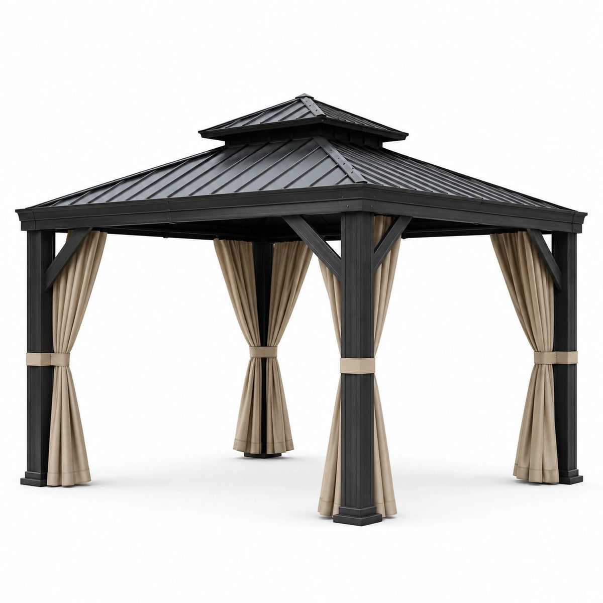 Tonnelle de jardin anthracite avec rideaux beiges et toit rigide à double niveau, 300 x 300 x 280 cm