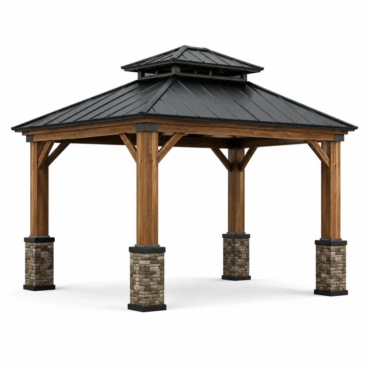 Pavillon de jardin en bois marron avec toit rigide anthracite à double niveau, 400 x 300 x 320 cm