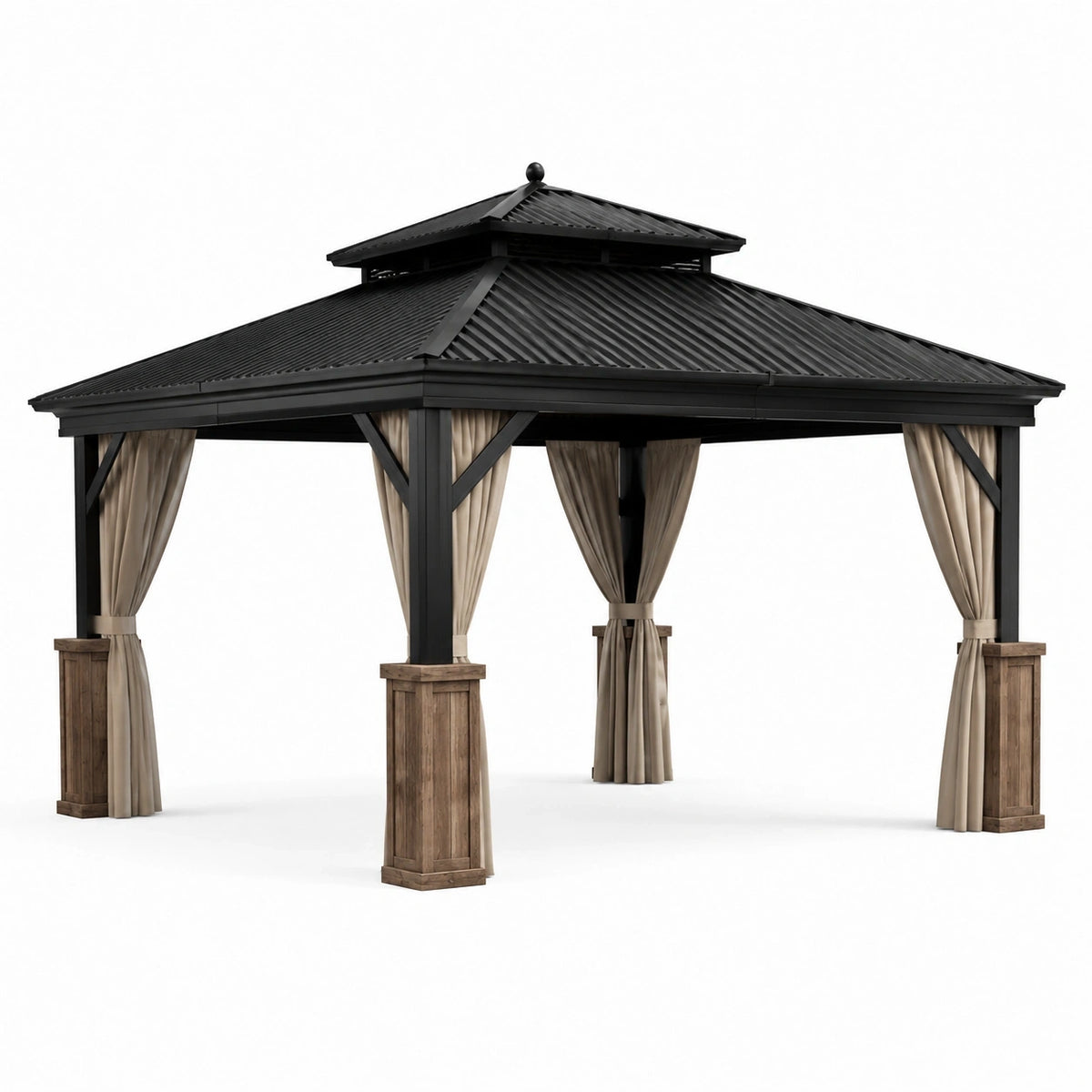 Pavillon de jardin 400 x 300 x 320 cm en aluminium noir avec toit rigide et rideaux taupe