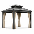 Tonnelle de jardin anthracite avec toit rigide à double niveau et rideaux beige, 300 x 300 x 270 cm