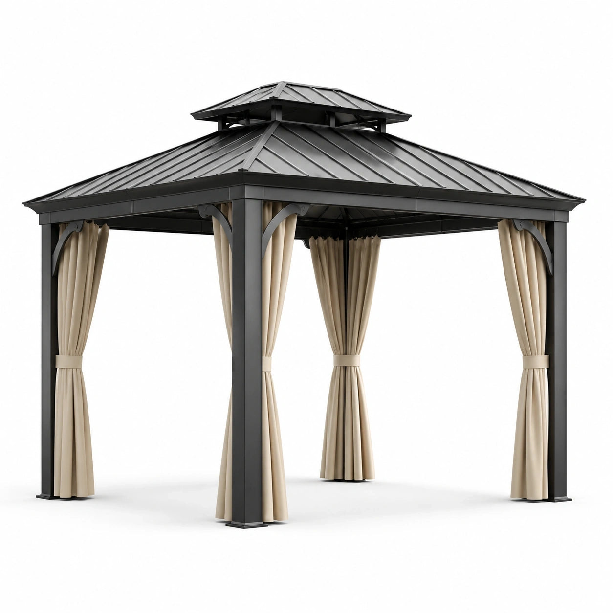 Tonnelle de jardin anthracite avec toit rigide à double niveau et rideaux beige, 300 x 300 x 270 cm